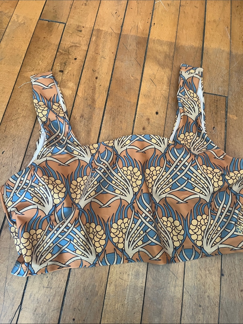 Albion Printed Crop Tank swim topin Tan and Blue
